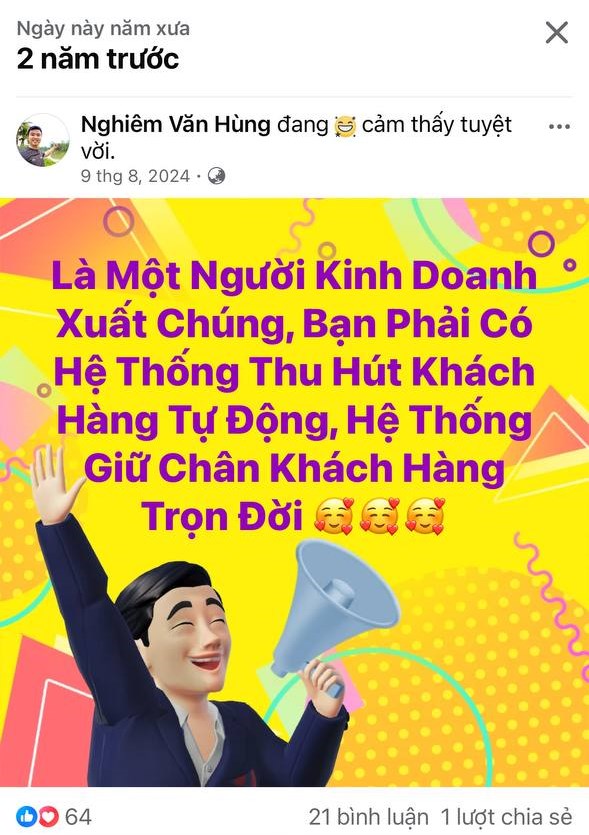 Ảnh chụp màn hình bài Facebook đăng ngày 9 tháng 8 năm 2024 với nội dung về hệ thống thu hút khách hàng tự động và hệ thống giữ chân khách hàng trọn đời, 64 lượt cảm xúc và 21 bình luận
