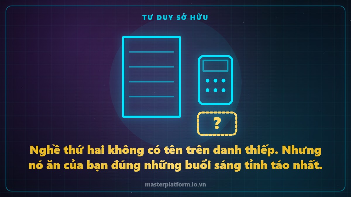 Hình vẽ nét sáng: một tờ giấy kê tay bên cạnh cái máy tính bỏ túi, còn một ô để trống