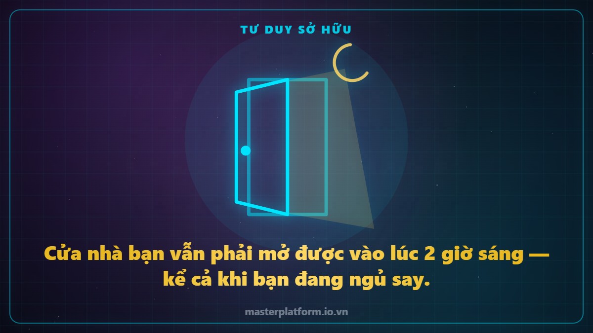 Hình vẽ nét sáng: một cánh cửa hé mở dưới vầng trăng lưỡi liềm, ánh sáng hắt ra ngoài
