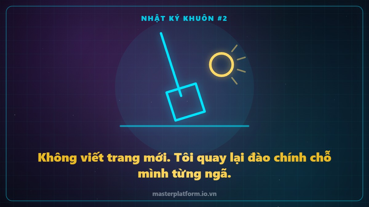 Hình vẽ nét sáng: cái xẻng cắm xuống đất, một mảnh sáng vàng vừa được đào lên