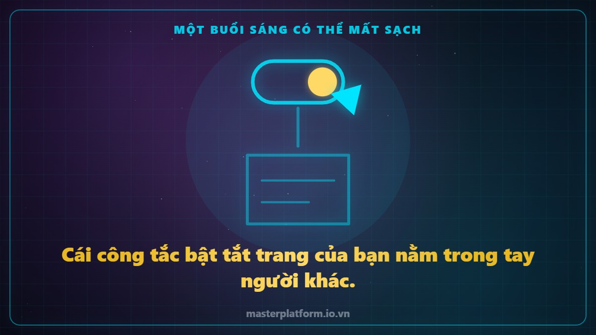Đồ hoạ line-art nét sáng trên nền tối, không phải ảnh chụp: một đám đông nhỏ đứng bên trong khung màn hình điện thoại, còn bên ngoài khung là một cái kho trống mang tên bạn