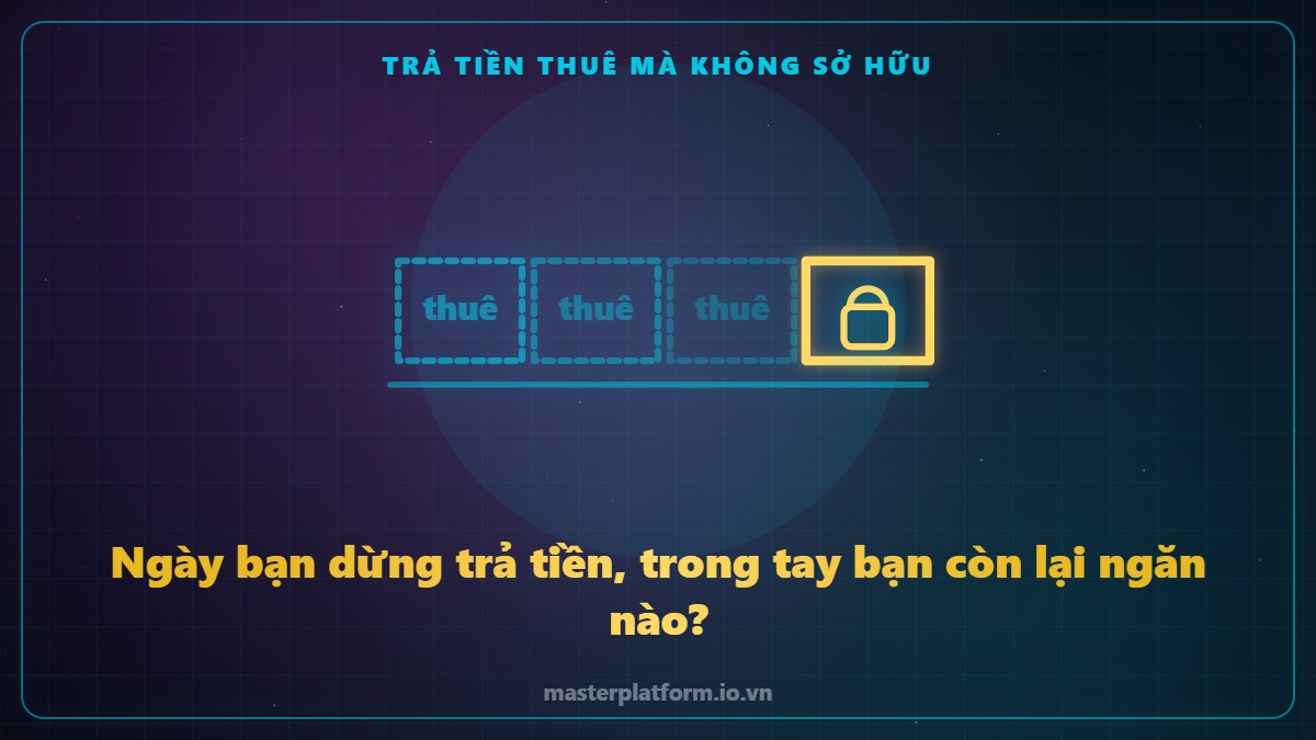 Đồ hoạ nét sáng trên nền tối: các khối công cụ đi thuê xếp quanh một ngôi nhà, phần móng nhà nằm trên mảnh đất của người khác.