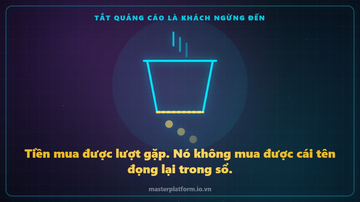 Đồ hoạ line-art nét sáng trên nền tối: một công tắc quảng cáo đang bật, dòng người chảy qua nút bấm rồi trôi thẳng ra ngoài vì phía sau không có chỗ nào giữ lại